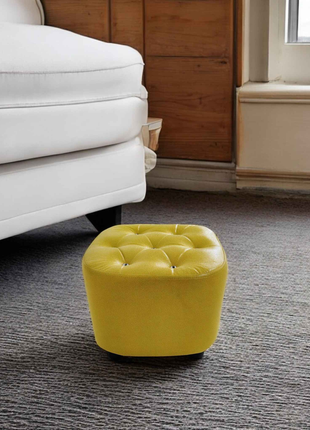 Yellow Tufted Leather Ottoman – Compact Accent Footstool for Living Room or Bedroom