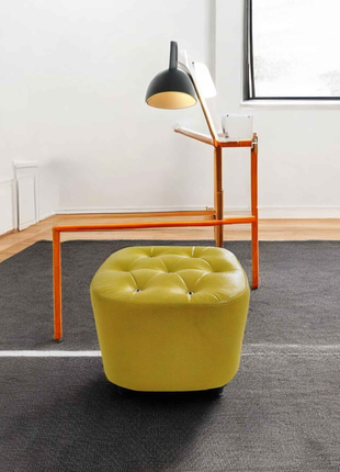 Yellow Tufted Leather Ottoman – Compact Accent Footstool for Living Room or Bedroom