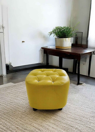 Yellow Tufted Leather Ottoman – Compact Accent Footstool for Living Room or Bedroom