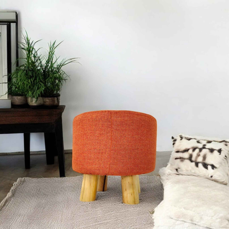 Modern Orange Fabric Ottoman – Round Accent Footstool with Wooden Legs