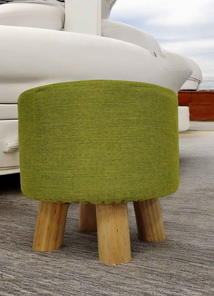 Lime Green Fabric Ottoman – Modern Round Footstool with Wooden Legs