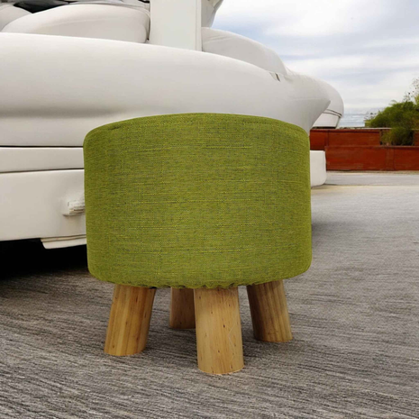 Lime Green Fabric Ottoman – Modern Round Footstool with Wooden Legs