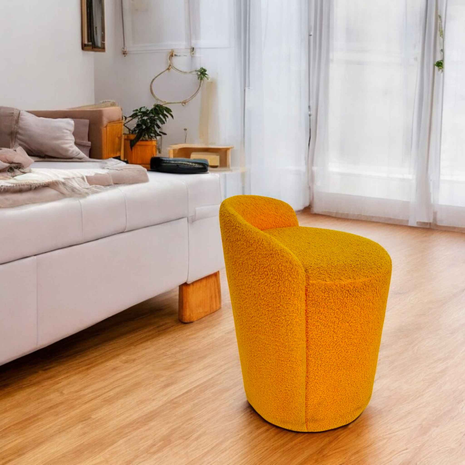 Orange Bouclé Fabric Ottoman – Round Accent Stool with Curved Backrest