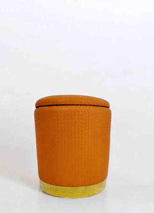 Orange Textured Ottoman with Gold Base – Luxury Round Footstool for Modern Living Spaces