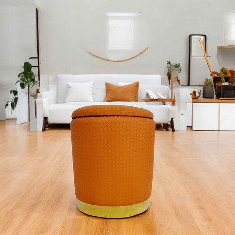 Orange Textured Ottoman with Gold Base – Luxury Round Footstool for Modern Living Spaces