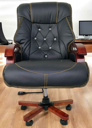 Luxury Black Leather Executive Chair with Wooden Base & Crystal Button Detailing