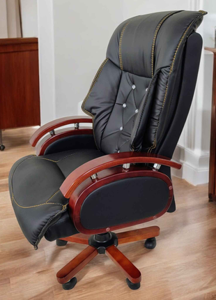 Luxury Black Leather Executive Chair with Wooden Base & Crystal Button Detailing