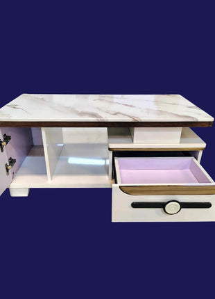 Contemporary White Coffee Table with Marble Finish & Gold Accents – Luxury Storage Design