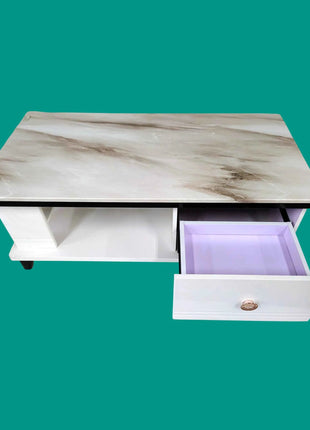 Aurora White Marble-Top Coffee Table with Drawer & Open Shelf