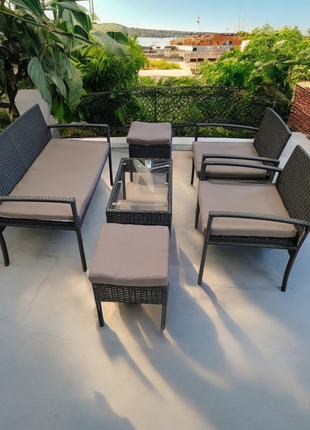 5-Piece Outdoor Rattan Sofa Set with Cushions and Glass-Top Center Table for Garden Lounge Furniture - Orient Furniture Palace