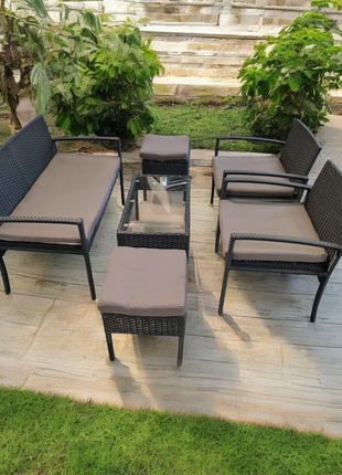 5-Piece Outdoor Rattan Sofa Set with Cushions and Glass-Top Center Table for Garden Lounge Furniture - Orient Furniture Palace