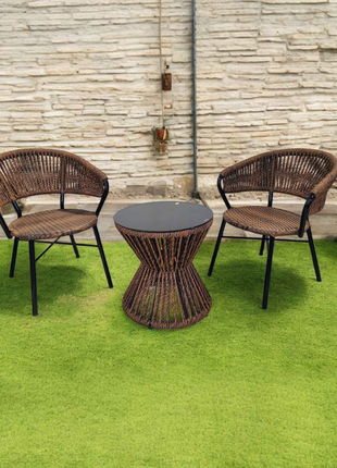 BohoNest Rattan Café Set – 3-Piece Handwoven Bistro Set with Hourglass Table