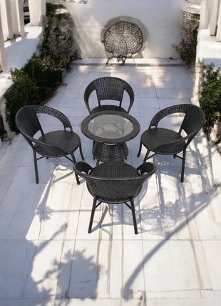Outdoor Rattan Patio Set with 4 Chairs and Round Glass Table - All-Weather Wicker Garden Furniture for Ultimate Comfort - Orient Furniture Palace