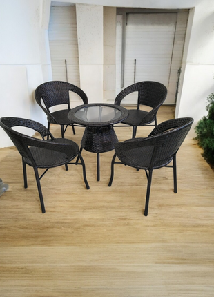 Outdoor Rattan Patio Set with 4 Chairs and Round Glass Table - All-Weather Wicker Garden Furniture for Ultimate Comfort - Orient Furniture Palace