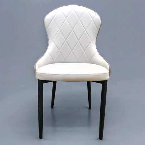 Ivory Diamond-Stitched PU Leather Dining Chair – Curved Back with Black Legs | Luxury Modern Accent Chair