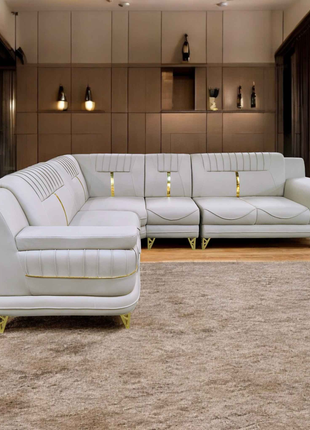 Modern White L-Shaped Sofa with Gold Accents – Premium Sectional Couch for Luxury Living Rooms