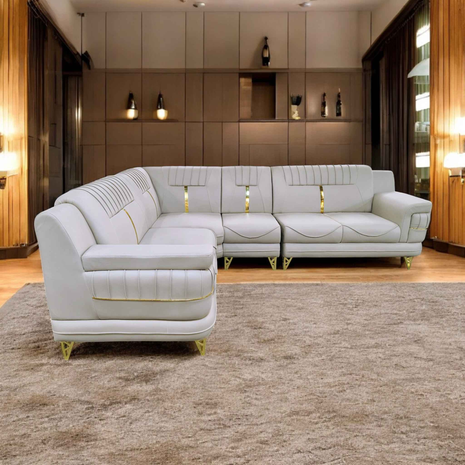 Modern White L-Shaped Sofa with Gold Accents – Premium Sectional Couch for Luxury Living Rooms