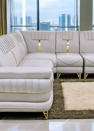 Modern White L-Shaped Sofa with Gold Accents – Premium Sectional Couch for Luxury Living Rooms