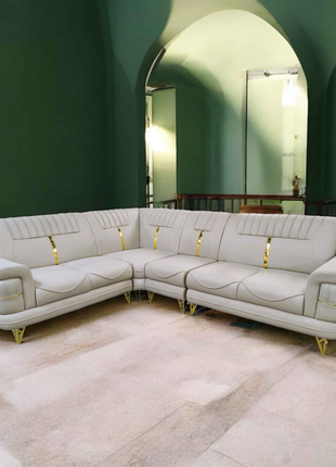Modern White L-Shaped Sofa with Gold Accents – Premium Sectional Couch for Luxury Living Rooms
