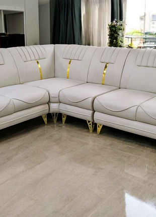 Modern White L-Shaped Sofa with Gold Accents – Premium Sectional Couch for Luxury Living Rooms
