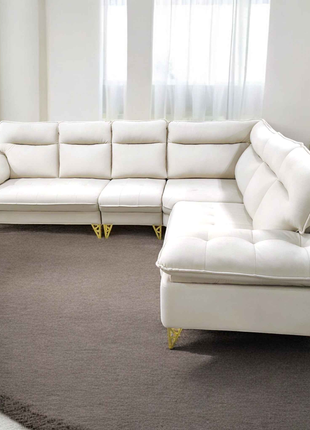 Modern L-Shape Sectional Sofa – White Upholstery with Gold Legs | Luxury Living Room Furniture