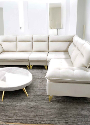 Modern L-Shape Sectional Sofa – White Upholstery with Gold Legs | Luxury Living Room Furniture