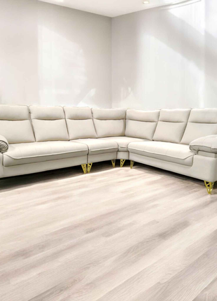 Modern L-Shape Sectional Sofa – White Upholstery with Gold Legs | Luxury Living Room Furniture