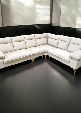 Modern L-Shape Sectional Sofa – White Upholstery with Gold Legs | Luxury Living Room Furniture