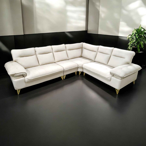 Modern L-Shape Sectional Sofa – White Upholstery with Gold Legs | Luxury Living Room Furniture