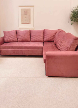 Rose Pink Velvet Sofa Cum Bed – L-Shaped Convertible Sectional with Storage