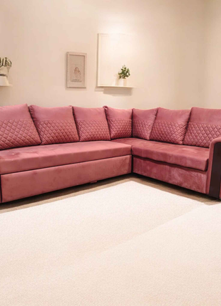 Rose Pink Velvet Sofa Cum Bed – L-Shaped Convertible Sectional with Storage
