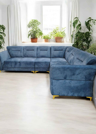 Luxury Blue Velvet L-Shaped Sofa with Golden Legs – Modern Sectional Couch for Living Room