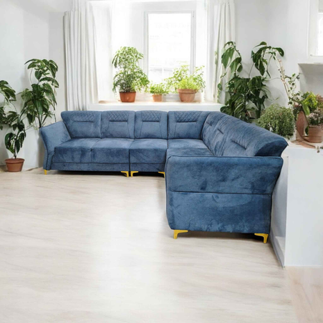 Luxury Blue Velvet L-Shaped Sofa with Golden Legs – Modern Sectional Couch for Living Room