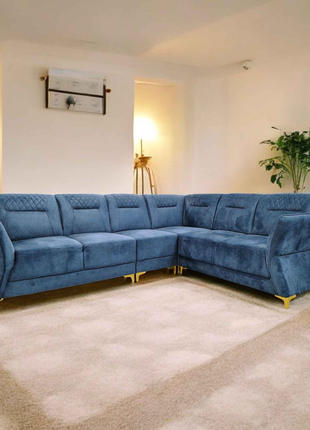 Luxury Blue Velvet L-Shaped Sofa with Golden Legs – Modern Sectional Couch for Living Room