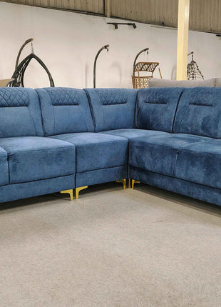 Luxury Blue Velvet L-Shaped Sofa with Golden Legs – Modern Sectional Couch for Living Room