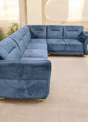 Luxury Blue Velvet L-Shaped Sofa with Golden Legs – Modern Sectional Couch for Living Room