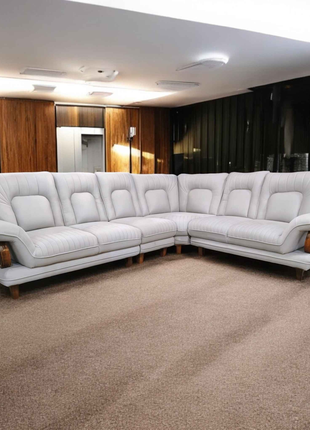 Contemporary Curved L-Shape Sofa in Cream Leatherette with Wooden Accents – 7-Seater Luxury Sectional