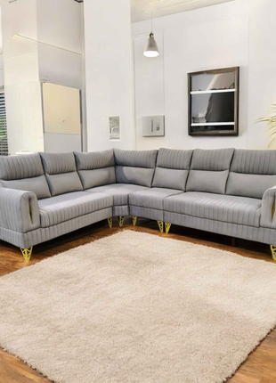 Modern Grey L-Shape Sofa with Vertical Tufting & Gold Legs – Spacious Corner Sectional