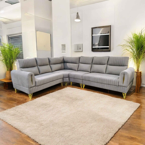 Modern Grey L-Shape Sofa with Vertical Tufting & Gold Legs – Spacious Corner Sectional