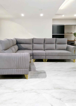 Modern Grey L-Shape Sofa with Vertical Tufting & Gold Legs – Spacious Corner Sectional