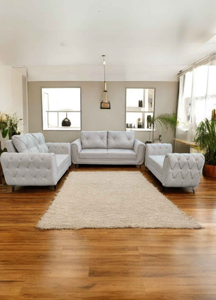 Luxury Diamond Tufted Grey Sofa Set – 3+2+1 Seater Living Room Ensemble