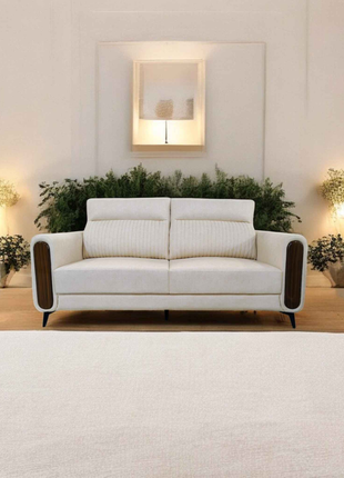 Modern Cream Velvet Sofa Set with Walnut Wood Detailing – 2 Seater Sofa Pair