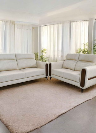 Modern Cream Velvet Sofa Set with Walnut Wood Detailing – 2 Seater Sofa Pair