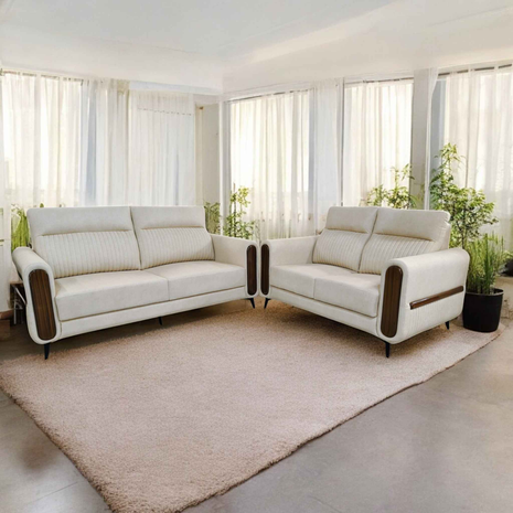 Modern Cream Velvet Sofa Set with Walnut Wood Detailing – 2 Seater Sofa Pair