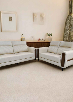 Modern Cream Velvet Sofa Set with Walnut Wood Detailing – 2 Seater Sofa Pair
