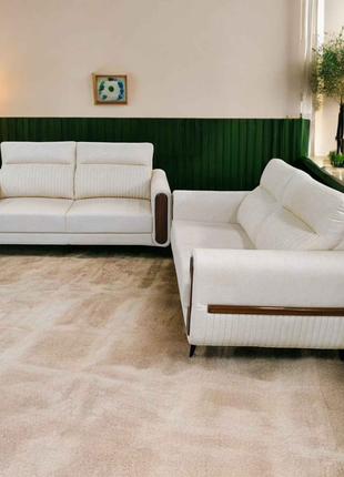 Modern Cream Velvet Sofa Set with Walnut Wood Detailing – 2 Seater Sofa Pair