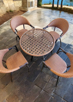 4-Seater Rattan Outdoor Dining Set – Round Wicker Table with Armchairs | Patio & Garden Furniture
