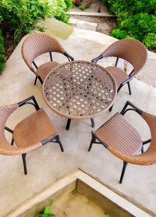 4-Seater Rattan Outdoor Dining Set – Round Wicker Table with Armchairs | Patio & Garden Furniture