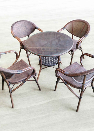 4-Seater Round Wicker Dining Set – Glass Top Table with Rattan Chairs | Outdoor Patio & Balcony Furniture