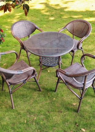 4-Seater Round Wicker Dining Set – Glass Top Table with Rattan Chairs | Outdoor Patio & Balcony Furniture